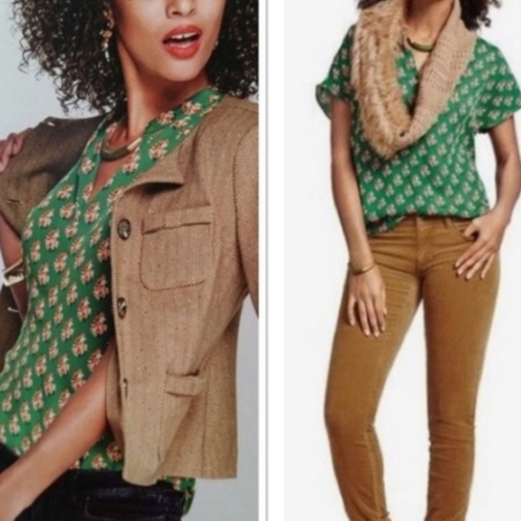 CAbi Stevie Floral Blouse #3252 Short Sleeve V-Neck High-Low Hem Green size M - Picture 13 of 13